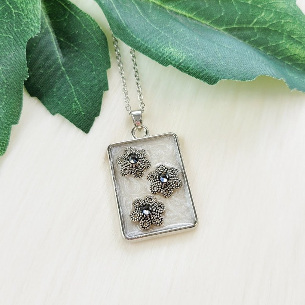 Floral Pendant Necklace Metallic Floral Pearl White Gunmetal Silver Gray